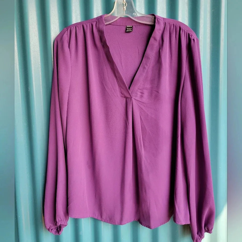 Shein Classi Purple Shirt V-neck Blouson Solid Top Long Sleeves XL